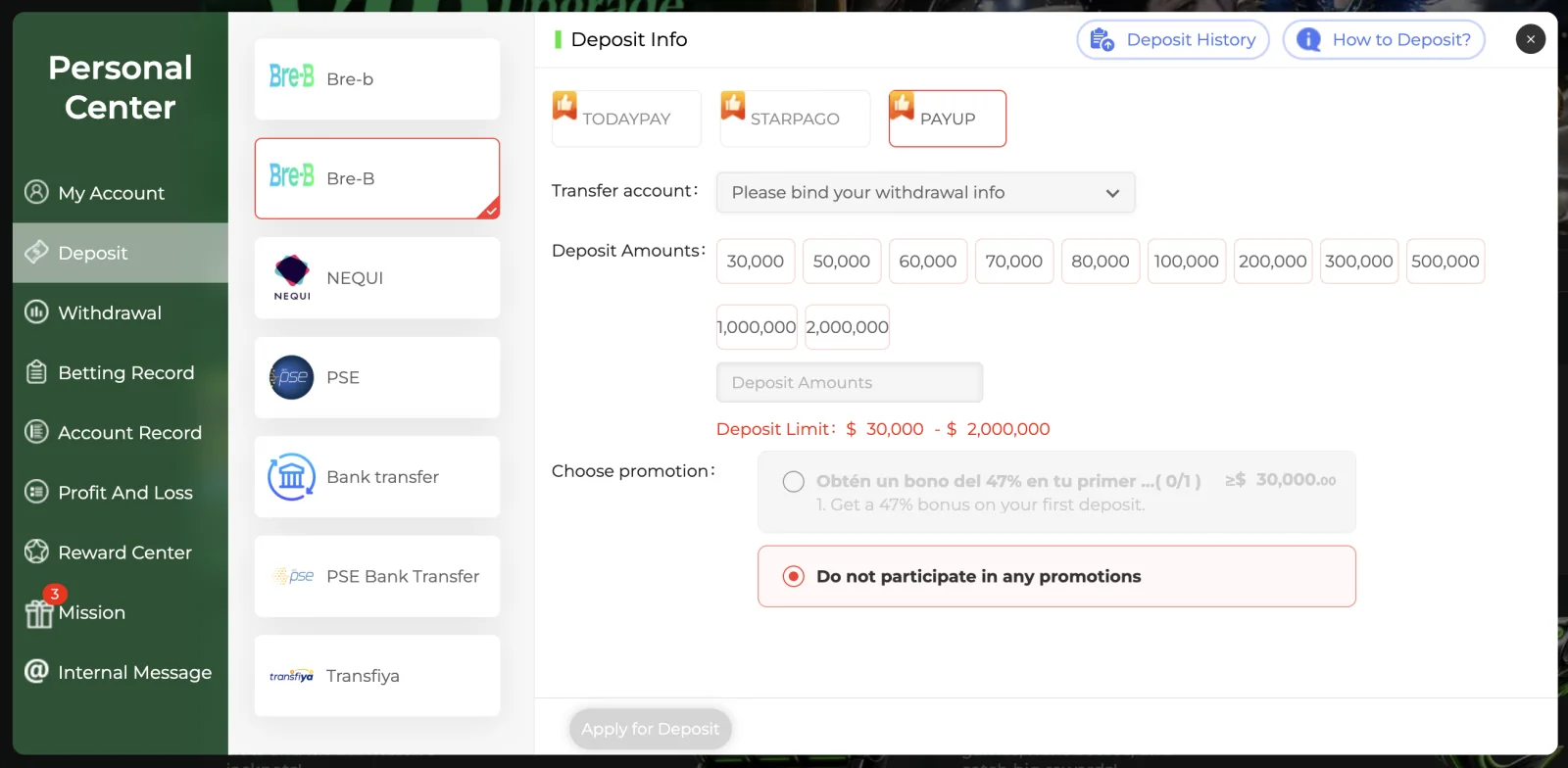 Depósito con Bre-B: Opción Bre-B y selección de la cuenta de transferencia en la captura.