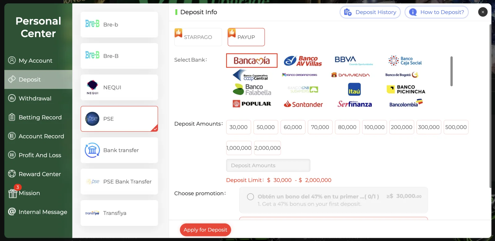 Depósito con PSE: Selección del banco y del importe en la pantalla de depósito.